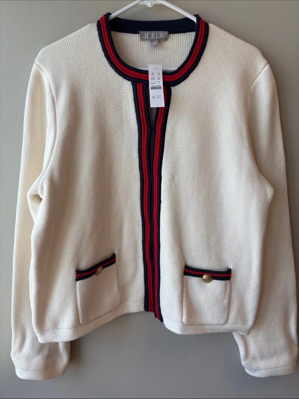 J. Crew Cream Knit Cardigan with Navy & Red Trim - Picture 1 of 5